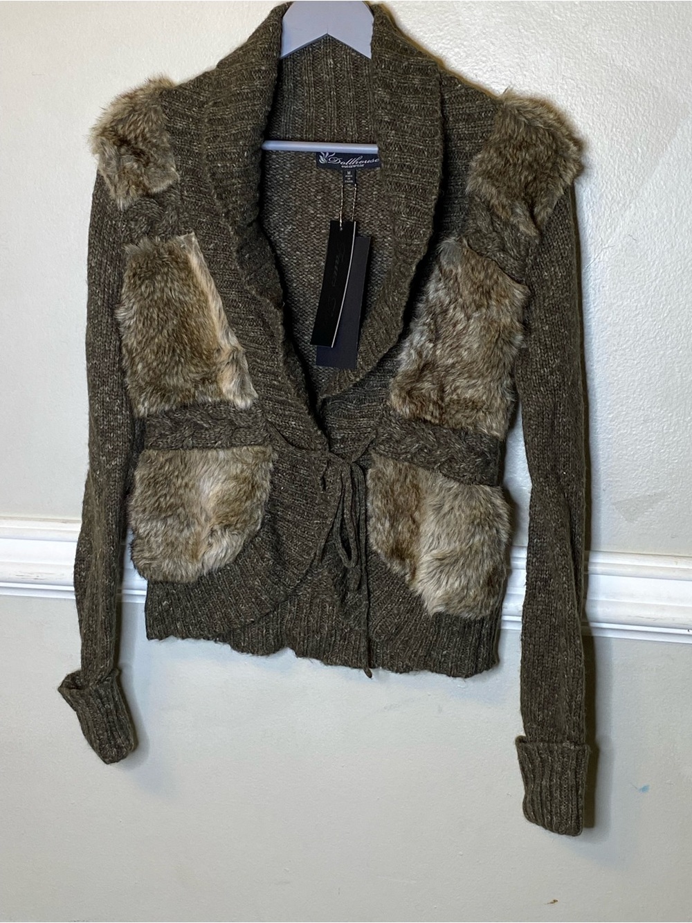 Dollhouse Olive Green- brown Faux-Fur Panel Tie Front Cardigan